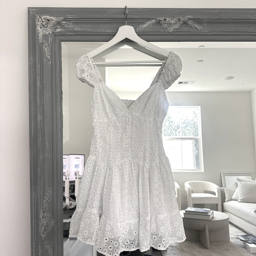 UO Kimchi Blue Leilani Eyelet Mini Dress Off Shoulder Smocked Back Cottagecore M - Picture 3 of 10